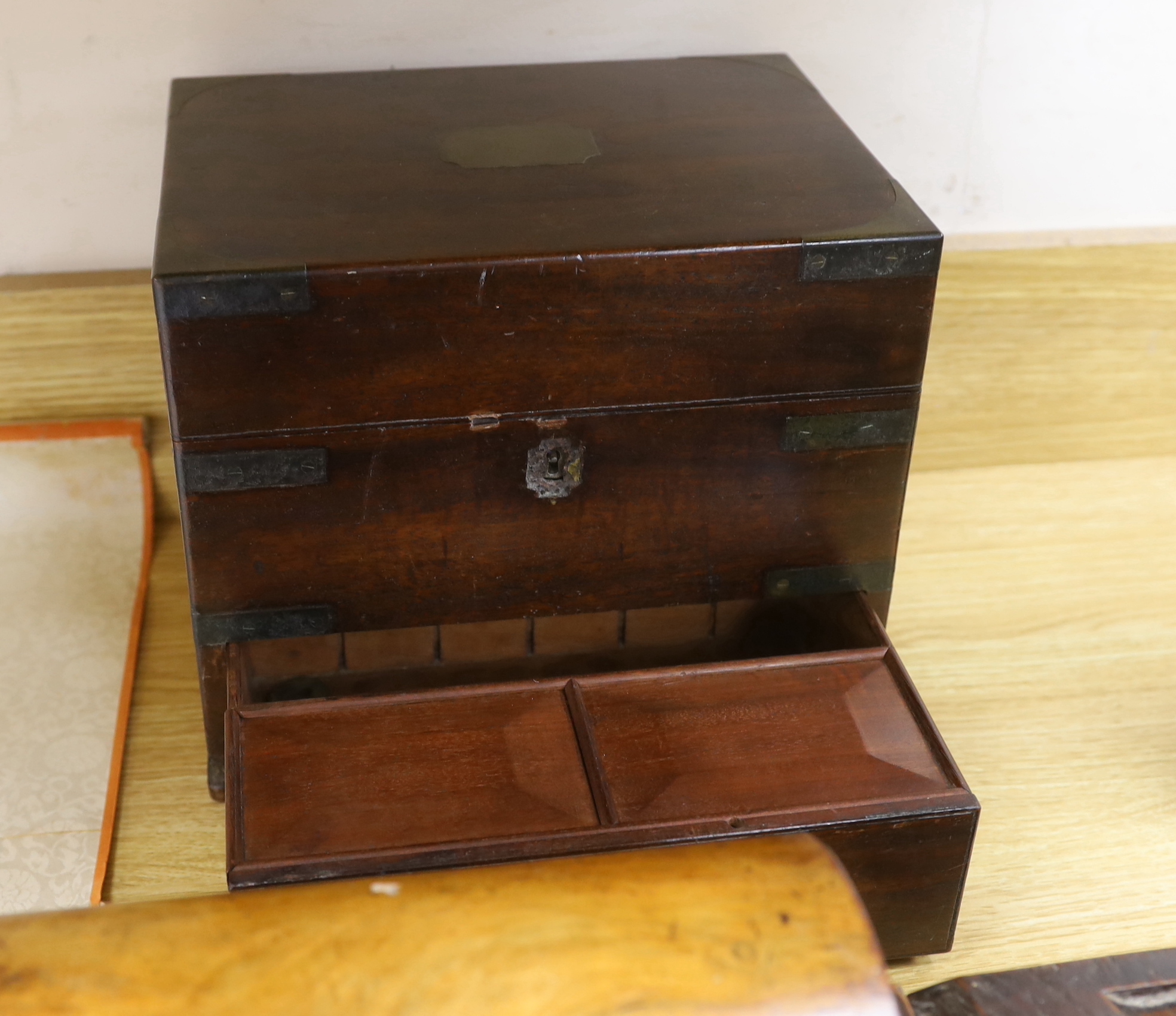 A 19th century mahogany brass bound stationary box, a domed tea caddy, an oak candle box and terrier brush stand, stationary box 26cm wide x 23cm high